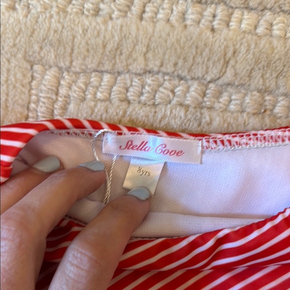 Red and White Striped Swimsuit with Pom Pom Trim - Picture 4 of 5